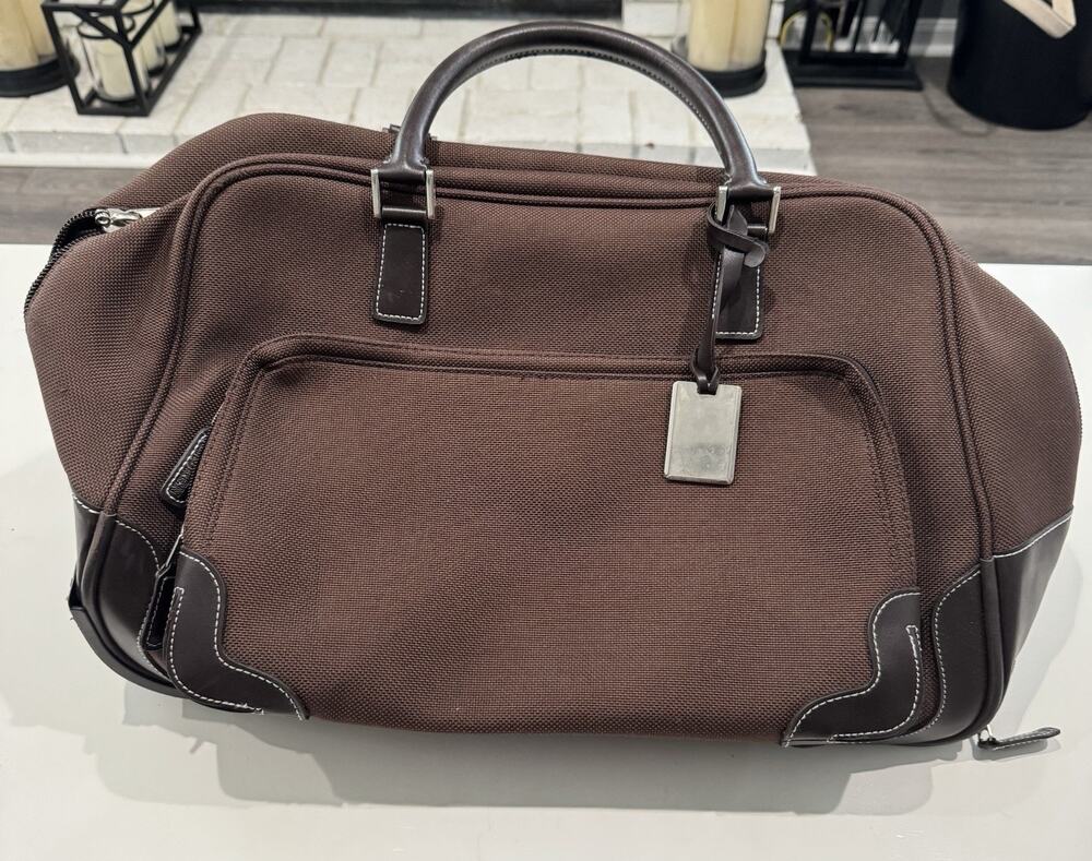 Polo Ralph Lauren Nylon Duffel Rolling Bag Luggage Suitcase Brown Leather Carry